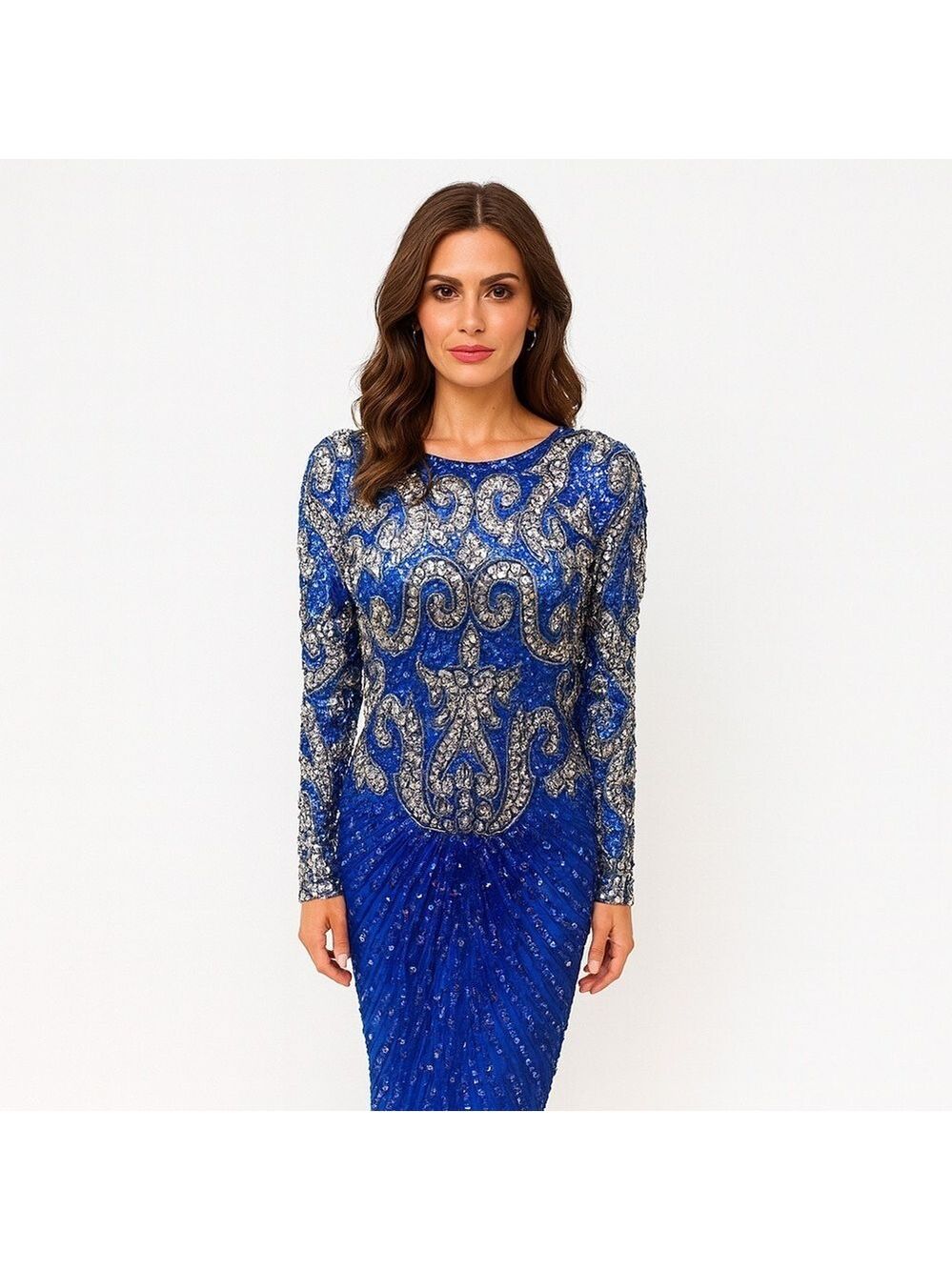 Vintage Sweelo Blue Long Sleeve Sequin Cocktail Dress Size Medium